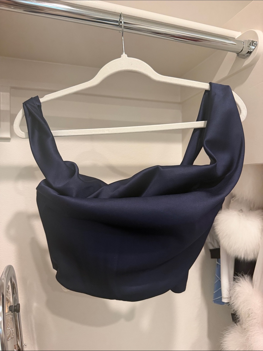 NWOT House of CB Navy Satin Cowl Neck Crop Top